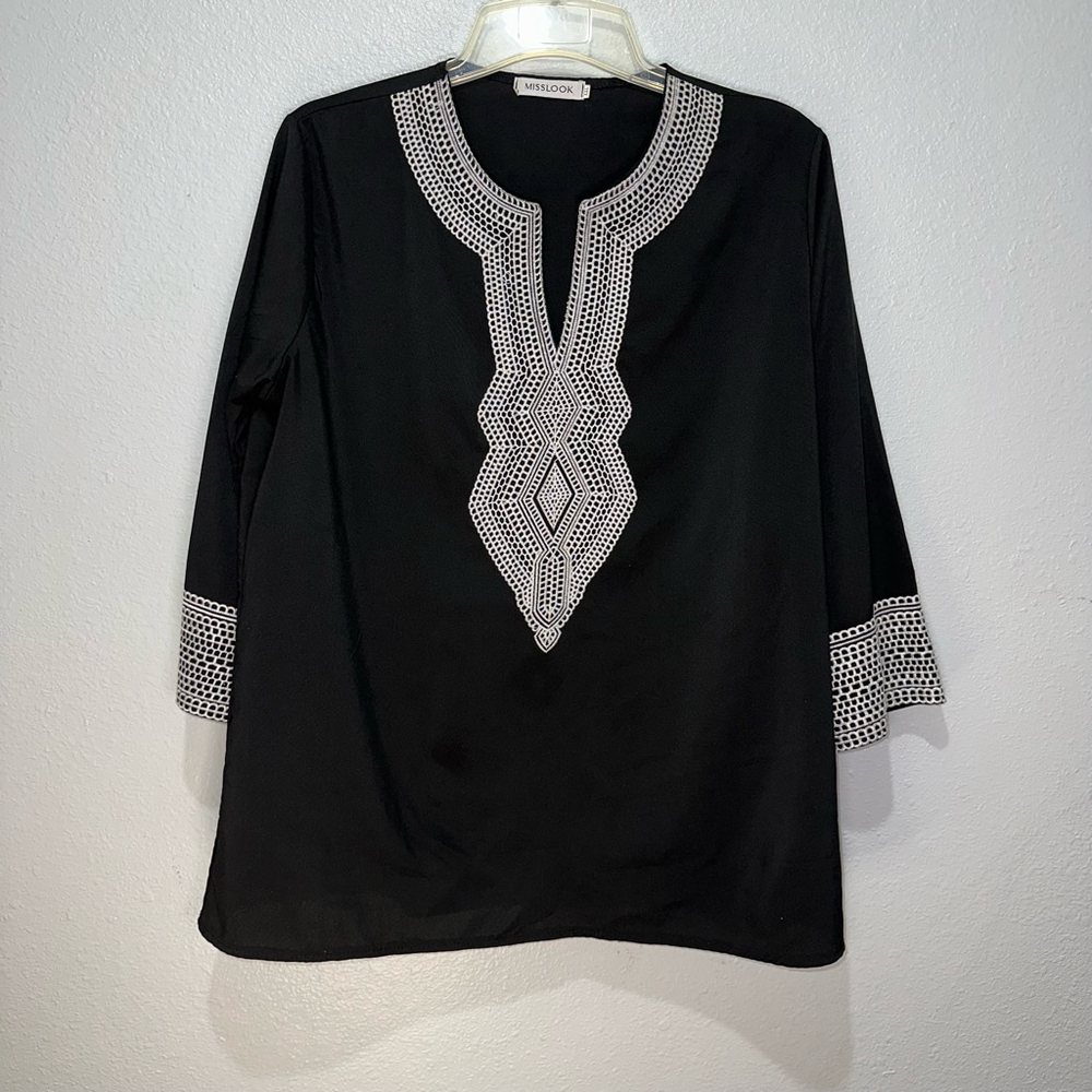 Misslook Womens Tunic Top Size XXL Black with White Embroidery V-Neck Blouse